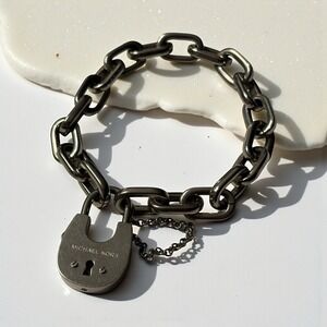 Michael Kors Bracelet Chain Link With Padlock And Safety Chain Silver Tone Metal